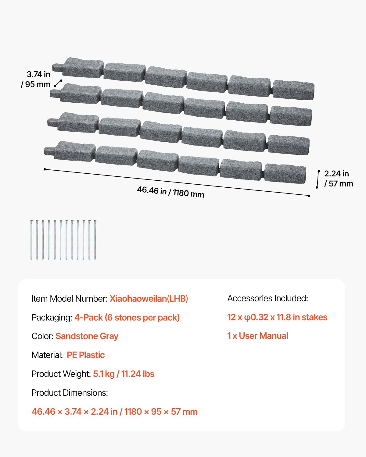 VEVOR Obrzeże trawnikowe o wyglądzie kamienia, 1180 x 95 x 57 mm Realistyczne obrzeże trawnikowe, Elastyczne obrzeże o wielkości cegły z kolcami kotwiącymi, Obrzeże rabatowe na podjazdy, chodniki, Zestaw 4 szt., Szare