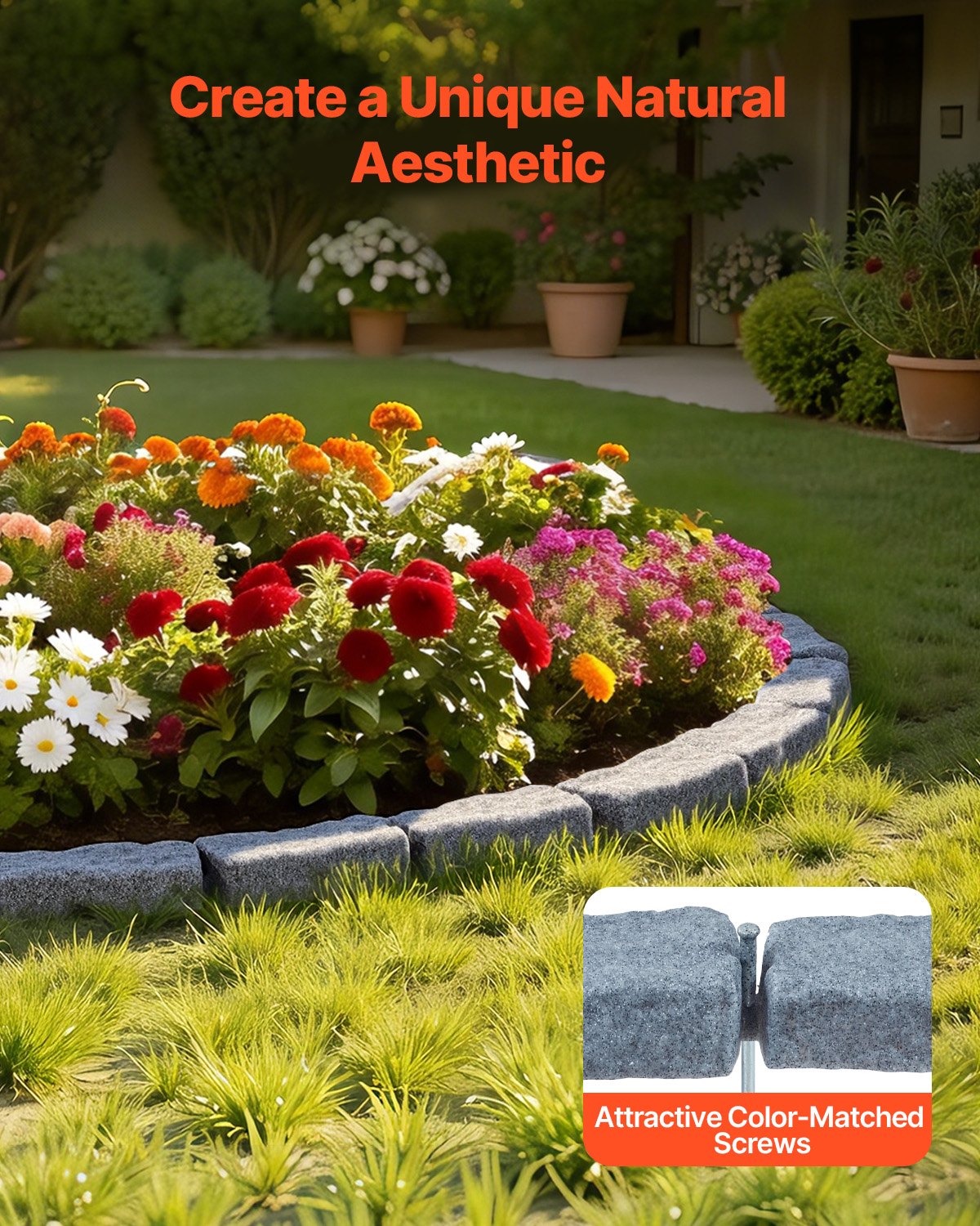 VEVOR Lawn Edging in Stone Look, 1180x95x57 mm Realistic Lawn Edging, Flexible Brick-Size Bed Edging with Anchoring Spikes, Bed Border for Driveways, Walkways, Set of 4, Gray