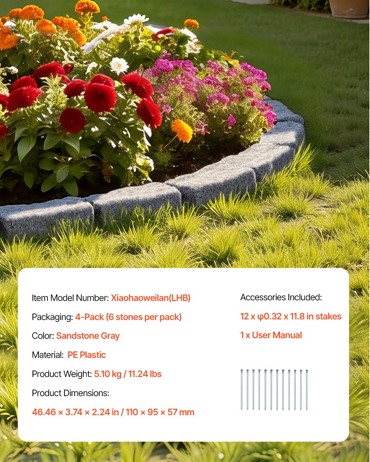 VEVOR Lawn Edging in Stone Look, 1180x95x57 mm Realistic Lawn Edging, Flexible Brick-Size Bed Edging with Anchoring Spikes, Bed Border for Driveways, Walkways, Set of 4, Gray