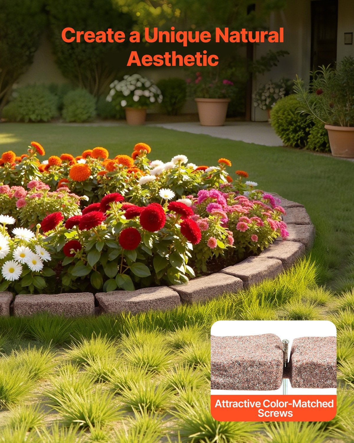 VEVOR Lawn Edging in Stone Look, Set of 4, 1180x95x57 mm, Bed Edging, Flexible Garden Border in Brick Size with Anchoring Spikes, Light-Resistant Bed Border for Driveways, Walkways, Brown