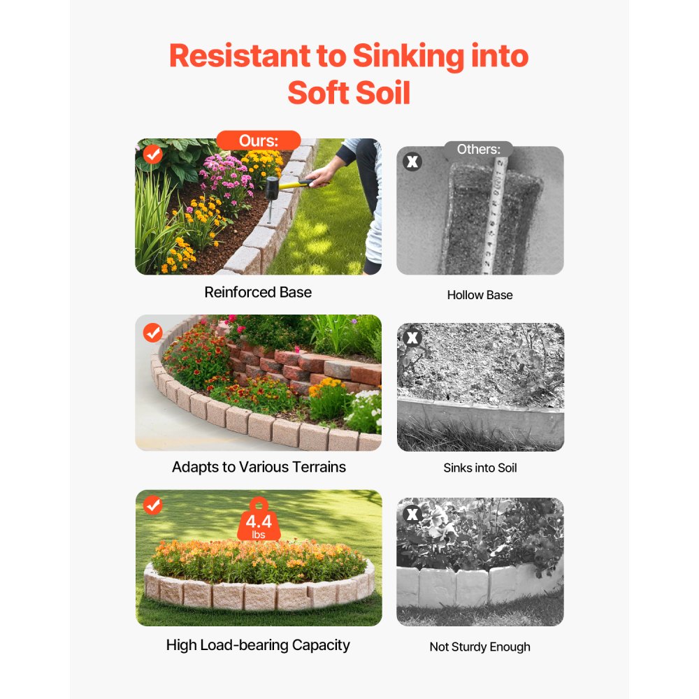 Zestaw 4 obrzeży trawnikowych VEVOR z efektem kamienia, 1190x100x155 mm, realistyczne obrzeże trawnikowe, obrzeże ogrodowe wielkości cegły z kolcami kotwiącymi, obrzeże rabat kwiatowych na podjazdy i chodniki, beżowe