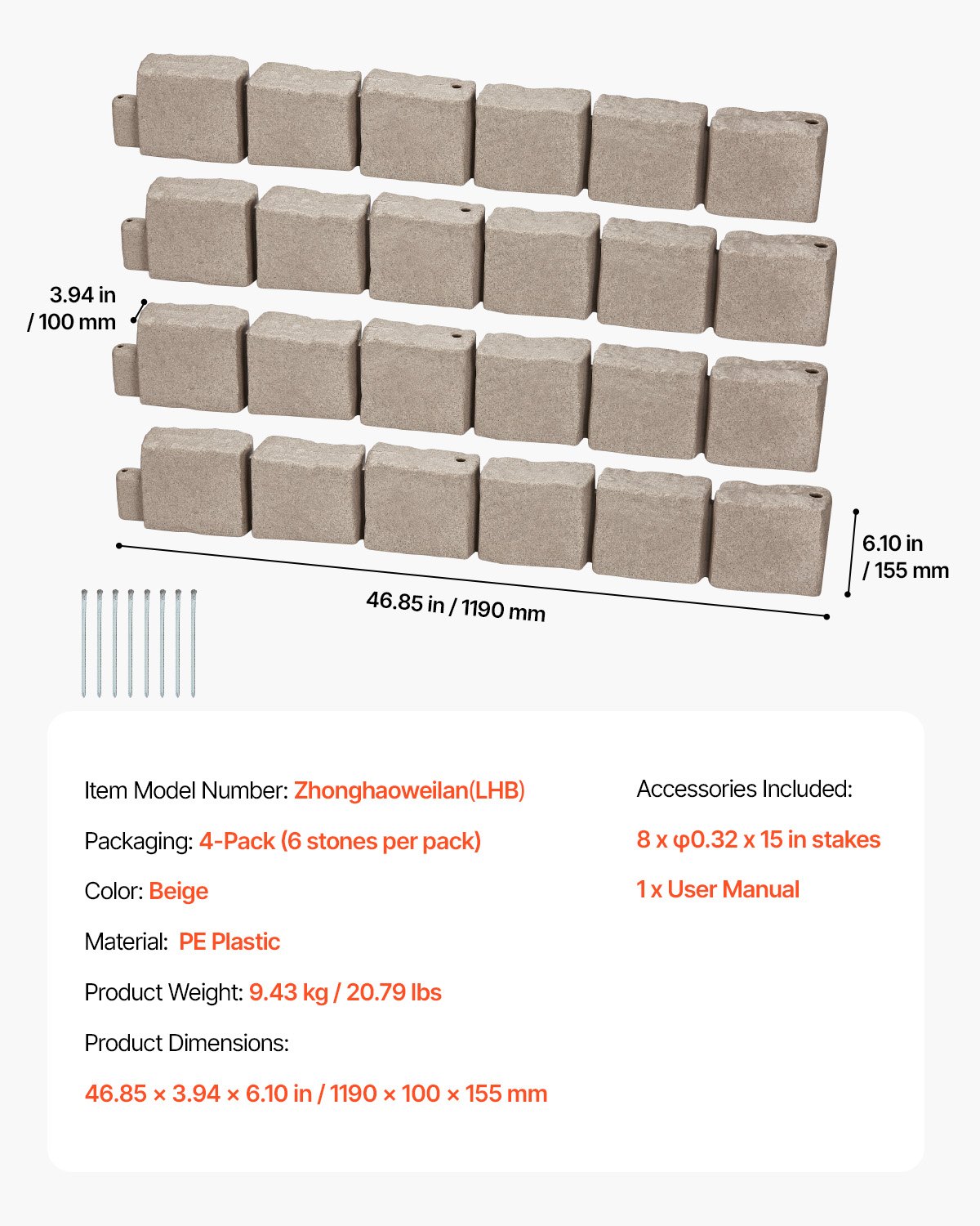 VEVOR Lawn Edging in Stone Look, Set of 4, 1190x100x155 mm, Realistic Lawn Edging, Brick-Size Bed Border with Anchoring Spikes, Bed Edging for Driveways, Walkways, Beige