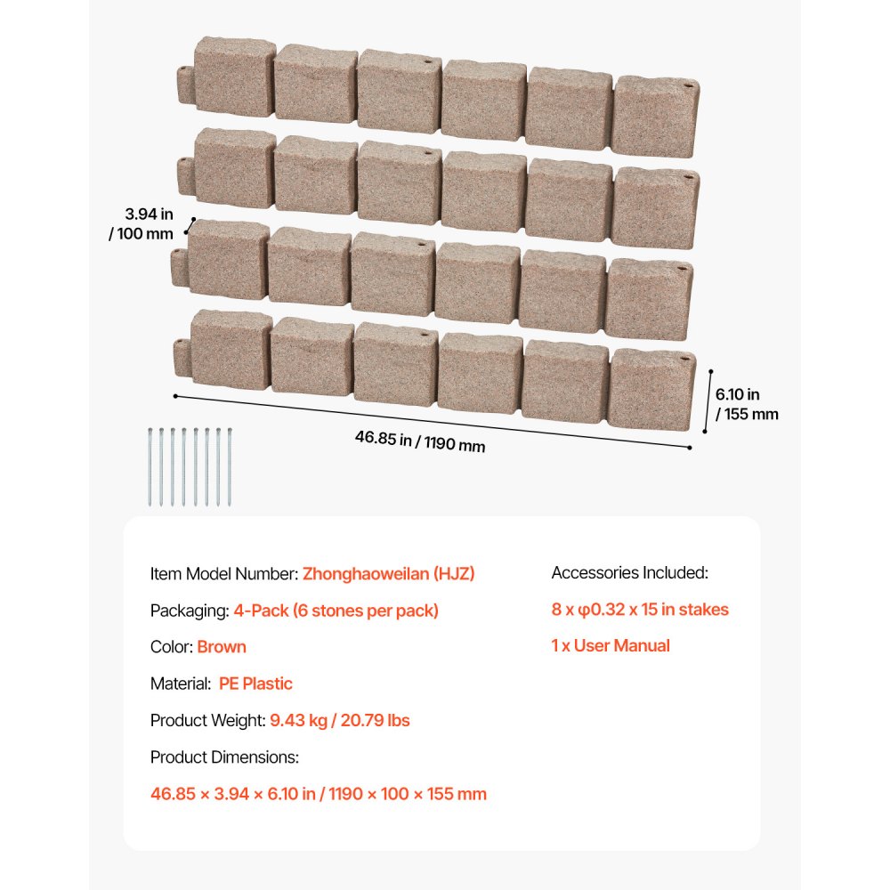 VEVOR Lawn Edging in Stone Look, Set of 4, 1190x100x155 mm, Realistic Bed Border, Flexible Garden Edging in Brick Size with Anchoring Spikes, Bed Border for Driveways, Walkways, Brown