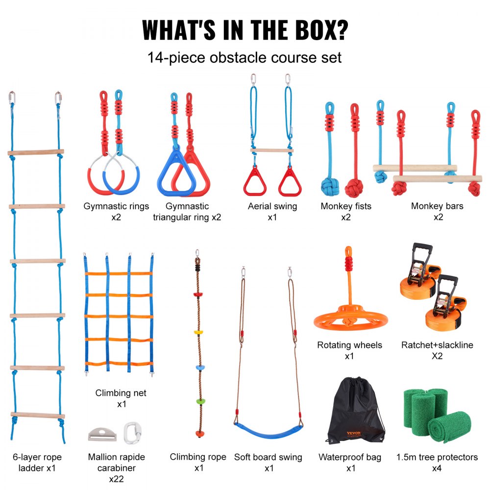 Zestaw przeszkód Ninja Slackline VEVOR, 2 x 18,29 m, nośność 226,8 kg, tor przeszkód Ninja, sprzęt do zabawy na świeżym powietrzu, zestaw zabawek do ćwiczeń na podwórku z 14 przeszkodami