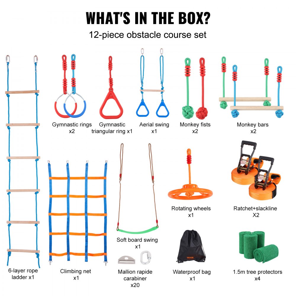 Zestaw przeszkód Ninja Slackline VEVOR, 2 x 19,8 m, nośność 226,8 kg, tor przeszkód Ninja, sprzęt do zabawy na świeżym powietrzu, zestaw zabawek do ćwiczeń na podwórku z 12 przeszkodami