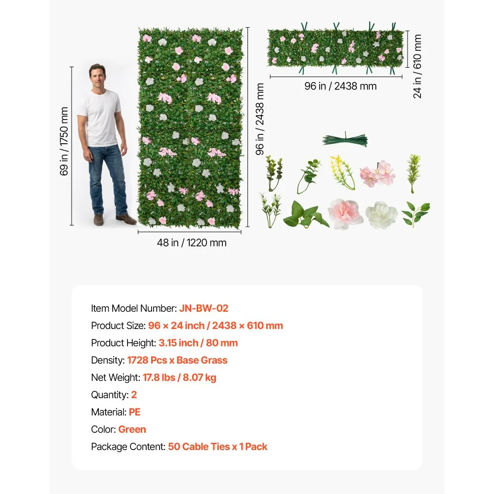 VEVOR Sztuczny żywopłot 2,4 m x 61 cm 2 szt., Ściana roślinna, Ekran prywatności z PE, Ogrodzenie prywatności z jedwabnymi kwiatami, Ogrodzenie żywopłotowe, Sztuczne rośliny, Okładzina balkonowa na wesela, Ogrody zewnętrzne, Podwórka
