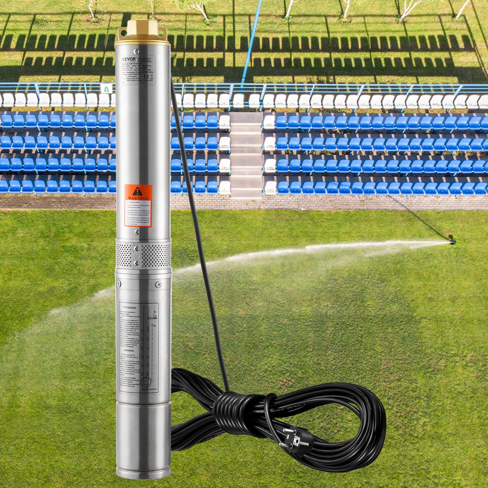 Pompa zanurzeniowa do studni głębinowych VEVOR, 370 W, 230 V, 50 Hz, maks. przepływ 5,3 m³/h, maks. wysokość podnoszenia 50 m, z kablem zasilającym 9,1 m, pompy wodne ze stali nierdzewnej do nawadniania przemysłowego i użytku domowego, stopień wodoodporności IP68