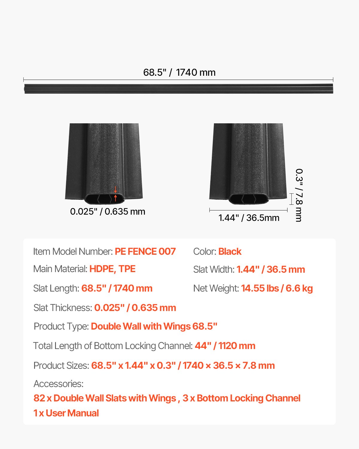 Siatki ochronne VEVOR 1740 mm, pionowe listwy z podwójnymi ściankami, z blokadą w podłożu i skrzydełkami do ogrodzeń z siatki łańcuszkowej, listwy z siatki HDPE, idealne do ogrodu i gospodarstwa (czarne)