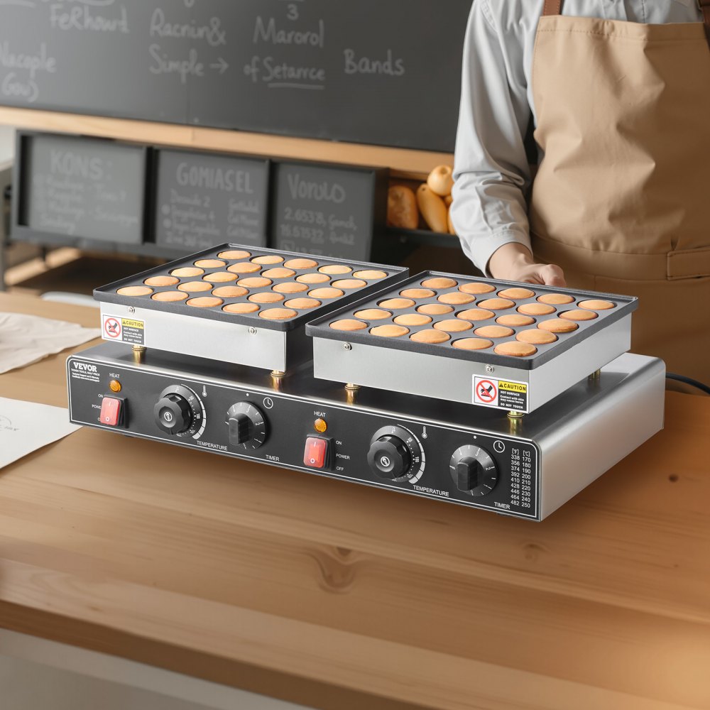 VEVOR 50-częściowy mininaleśnikarz, dorayaki, wykonany ze stali nierdzewnej z powłoką zapobiegającą przywieraniu, 1800 W, komercyjna elektryczna patelnia do grillowania poffertjes, podwójna kontrola temperatury i czasu, do restauracji