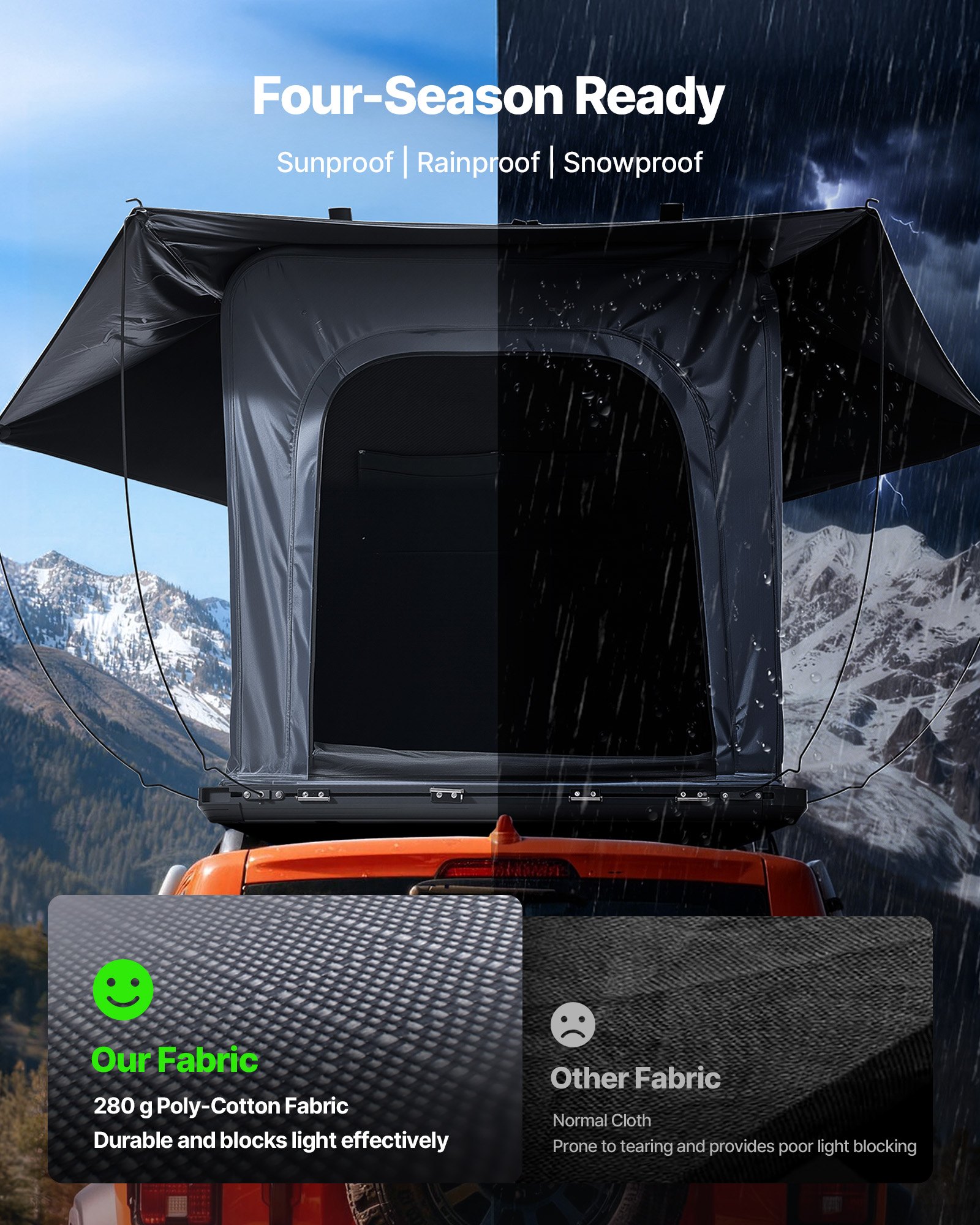 VEVOR Rooftop Tent Hard Shell, 2-3 Person Aluminum Roof Top Tent Hardshell with Tri-Color LED Light, Thick Mattress & 1 Window, Waterproof Windproof Overland Camping Car Roof Rack for Jeep SUV Pickup