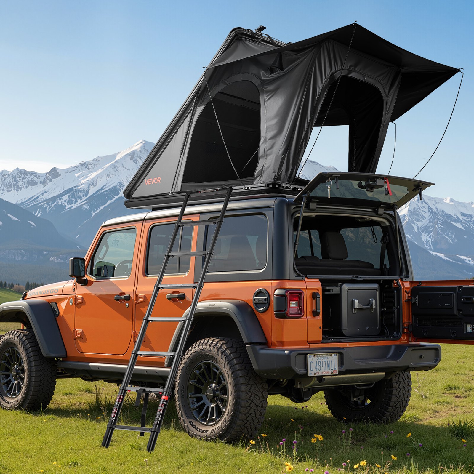 VEVOR Rooftop Tent Hard Shell, 2-3 Person Aluminum Roof Top Tent Hardshell with Tri-Color LED Light, Thick Mattress & 1 Window, Waterproof Windproof Overland Camping Car Roof Rack for Jeep SUV Pickup