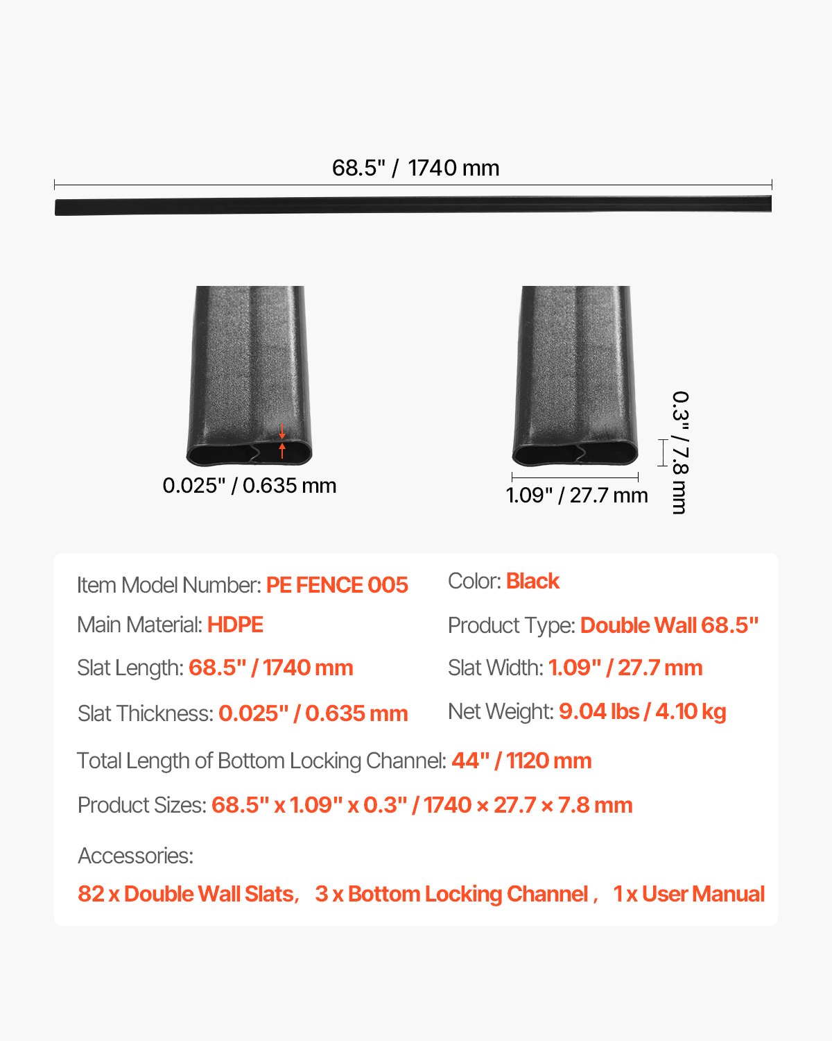 Siatki ochronne VEVOR, 1740 mm, pionowe, dwuścienne, z blokadą dolną, do ogrodzeń z siatki łańcuszkowej, siatki z HDPE, idealne do ogrodu, gospodarstwa, boiska sportowego (czarne)