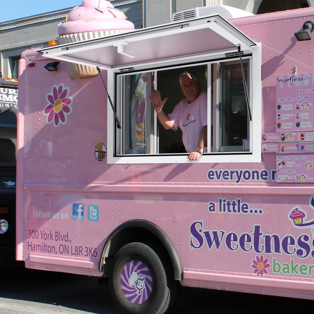 Okno do food trucków VEVOR, 915 x 610 mm, aluminiowe, do serwowania, obracane do 29°, z 2 oknami przesuwnymi, drzwiami markizowymi i hakiem do wyciągania, do food trucków