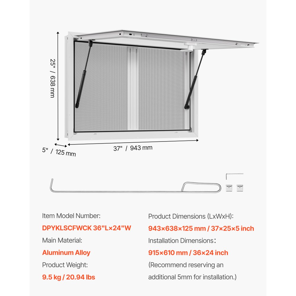 Okno VEVOR do przyczepy gastronomicznej (rozmiar montażowy 915 x 610 mm) z aluminiową ramą, okno do serwowania w przyczepie gastronomicznej z kątem otwarcia 85° i 2 oknami przesuwnymi, okno koncesyjne do food trucków