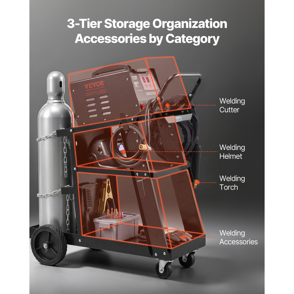 VEVOR Welding Trolley with 3 Shelves, Max. 168-181kg, for Welding Equipment with 2 Gas Cylinder Holders, Ideal for Manual Welding, MIG/MAG Welding, and Argon Arc Welding