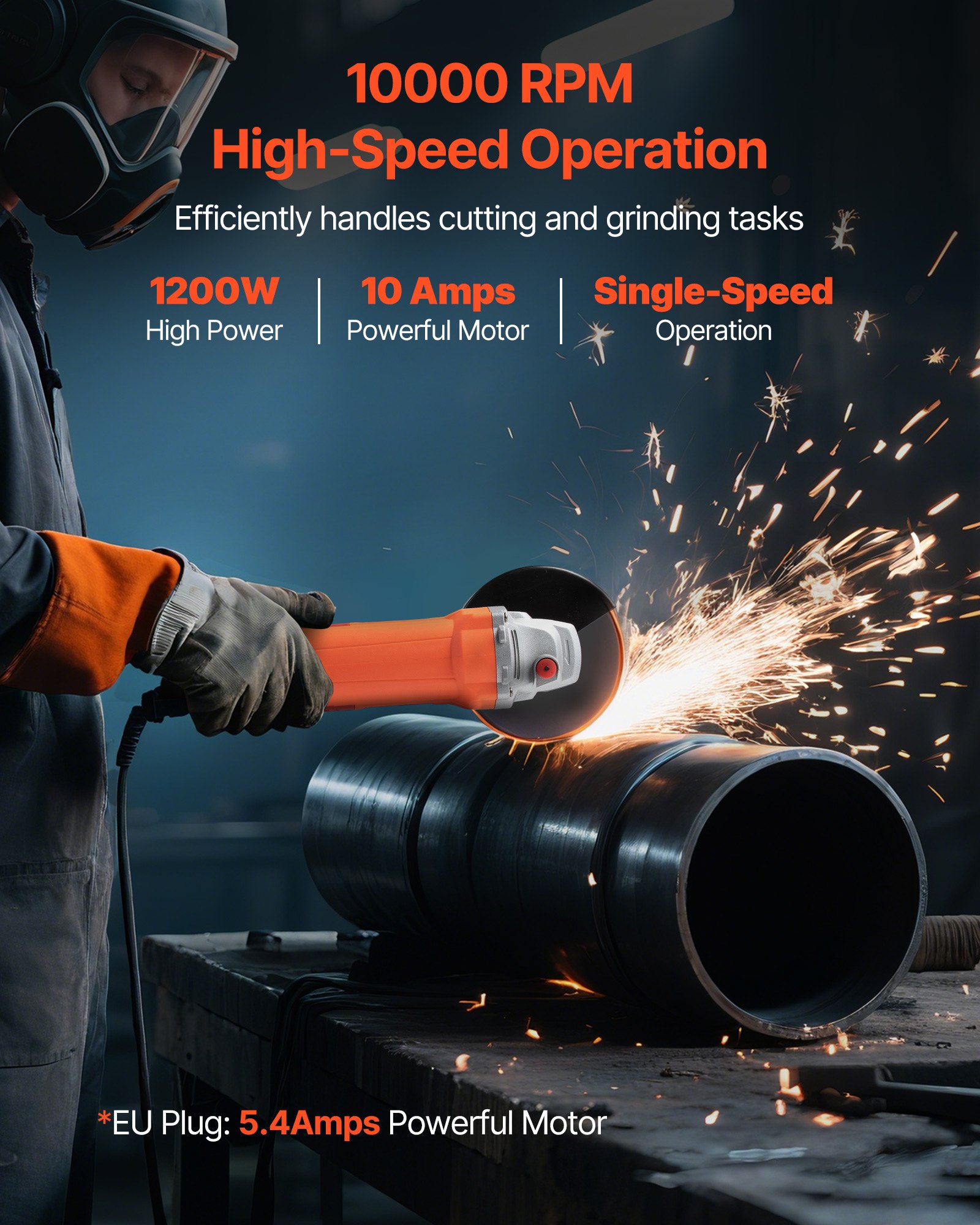 VEVOR Angle Grinder, 127mm Electric Grinder Power Tool, 5.4Amps 10000RPM High-Speed Corded Angle Grinders with Adjustable Dust Guard for Metal Grinding, Cutting, Rust Removal (Disc Not Included)