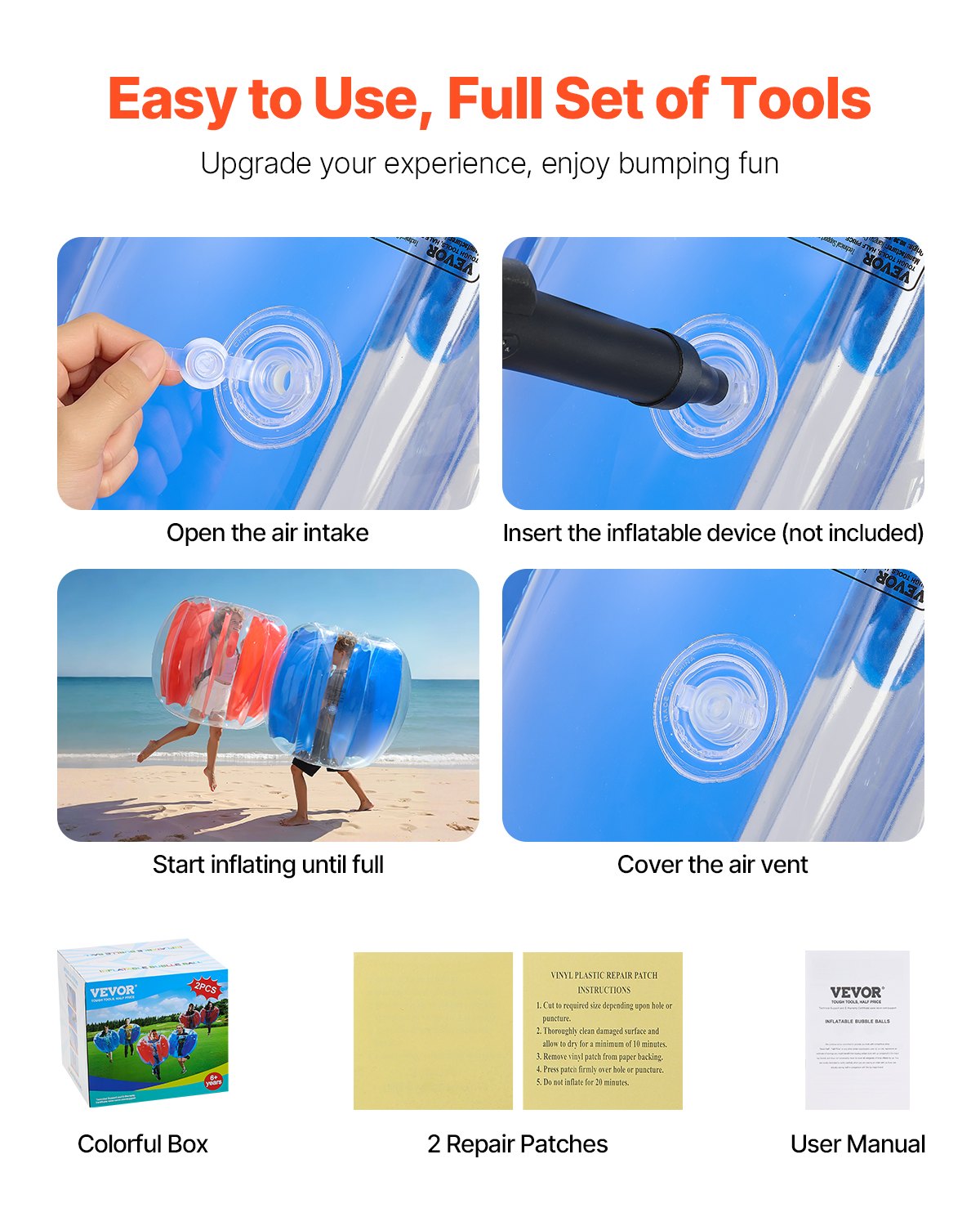 VEVOR Nadmuchiwana piłka Bumper Ball (opakowanie 2 szt.) 1,2 m, wytrzymała, gruba na 0,5 mm PVC, piłka z bąbelkami, przeznaczona do gier zespołowych na świeżym powietrzu, do parku (czerwone i niebieskie paski)