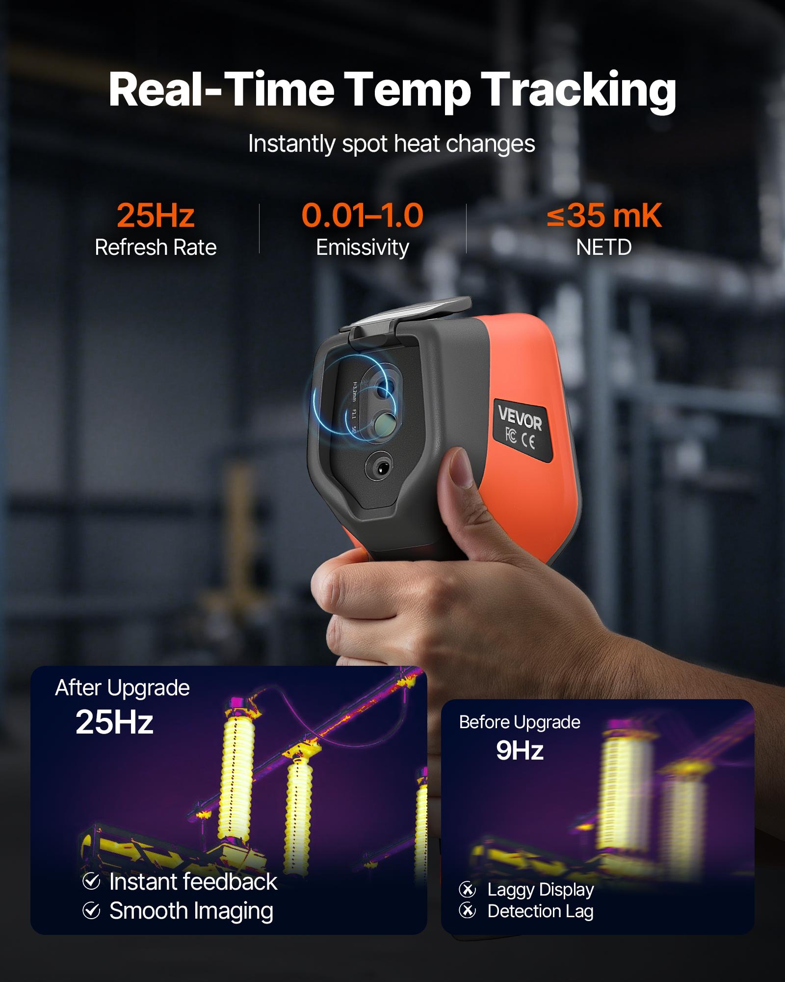 Kamera termowizyjna VEVOR, rozdzielczość podczerwieni 256 x 192, urządzenie termowizyjne z kamerą wizyjną 2 MP, częstotliwość odświeżania 25 Hz, kamera termowizyjna z 3,5-calowym ekranem dotykowym, od -20°C do 550°C, obsługa Wi-Fi