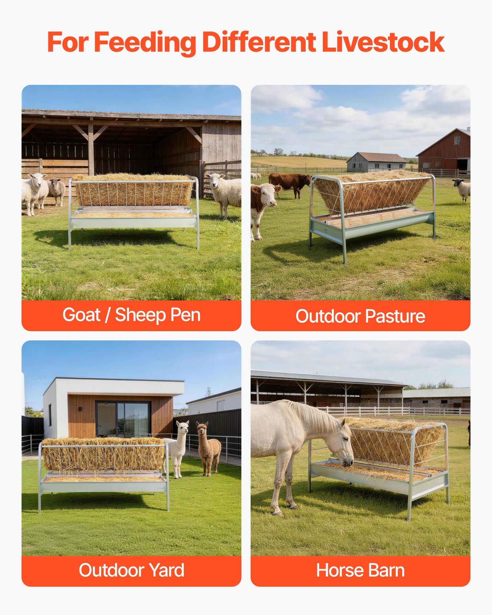 Karmnik na siano VEVOR, 2 w 1 do ziarna i siana, pojemność 352 l, 147 cm, pasza pastwiskowa dla kóz z korytem, ​​stalowy karmnik na siano do owczarni, gospodarstw rolnych i stajni dla koni