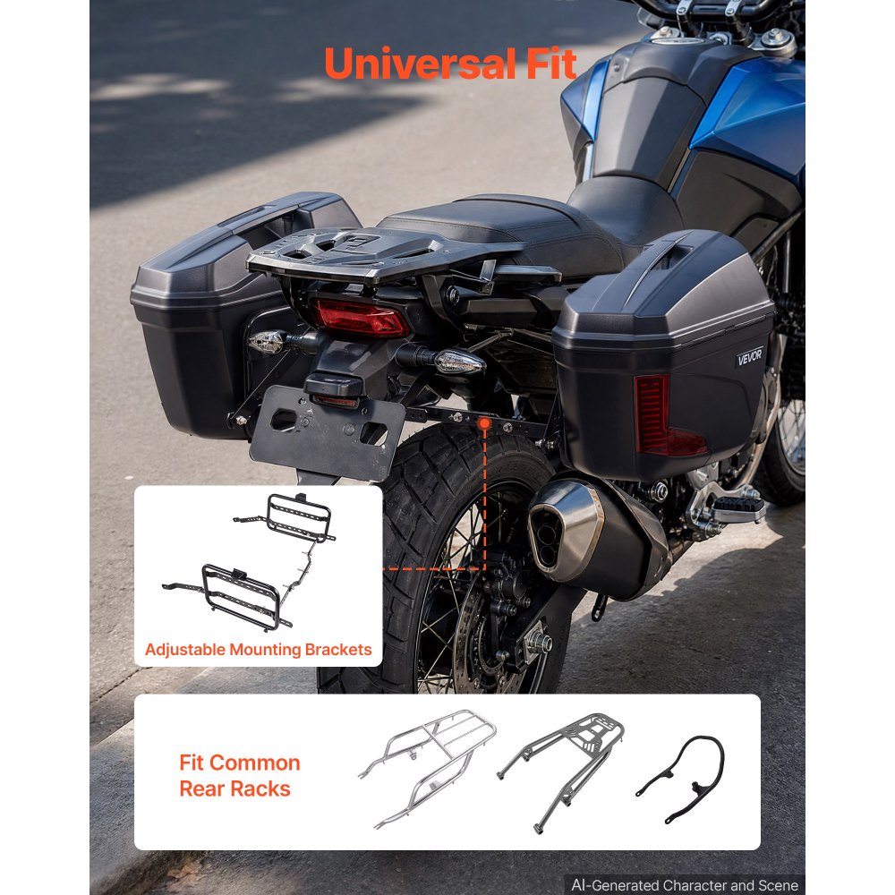 VEVOR Kufry boczne motocyklowe 2 x 23 l z mocowaniami ABS, czarne kufry boczne z 3-stopniowym mechanizmem blokowania, czerwone odblaski, zamki bezpieczeństwa i kluczyki, wodoodporność IPX4