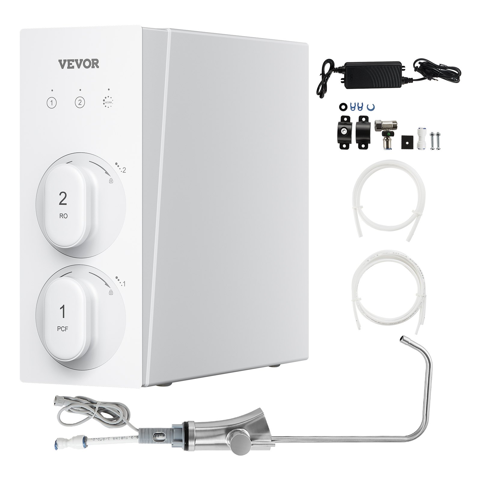 System odwróconej osmozy VEVOR, 600 GPD, 8-stopniowy bez zbiornikowy podgrzewacz wody, filtr wody z odwróconą osmozą, system filtracji wody pod zlewem z inteligentnym wyświetlaczem kranu, stosunek czystej wody do ścieków 2:1