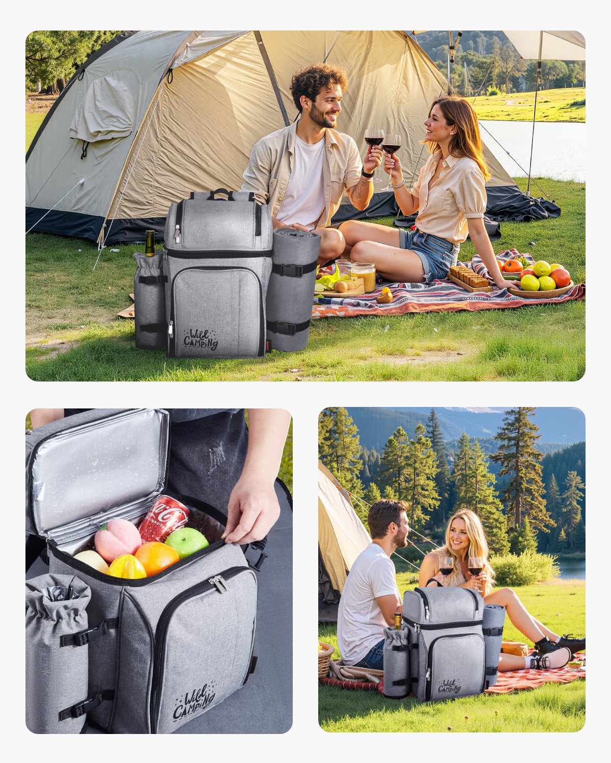 Plecak piknikowy VEVOR Outdoor (25 l) dla 4 osób z izolowaną i chłodzącą komorą oraz wyjmowanym uchwytem na butelkę/wino, lekkim kocem, talerzami i zestawem sztućców do pieszych wędrówek i kempingu, szary