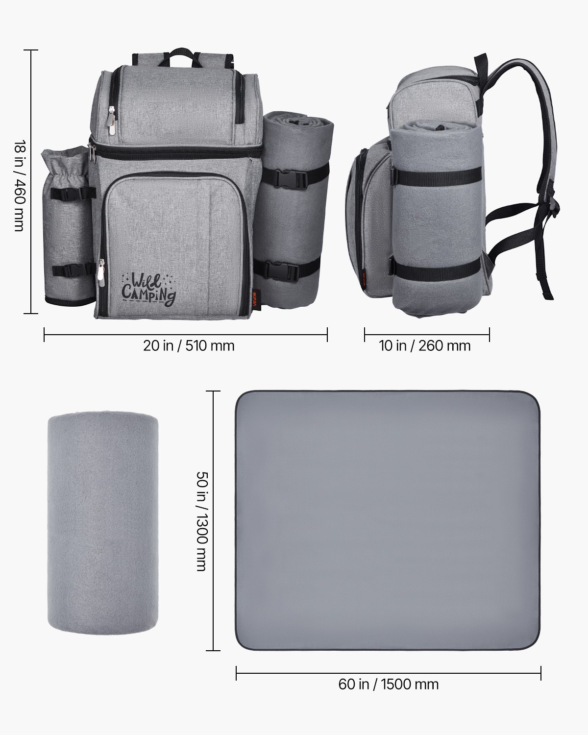 Plecak piknikowy VEVOR Outdoor (25 l) dla 4 osób z izolowaną i chłodzącą komorą oraz wyjmowanym uchwytem na butelkę/wino, lekkim kocem, talerzami i zestawem sztućców do pieszych wędrówek i kempingu, szary