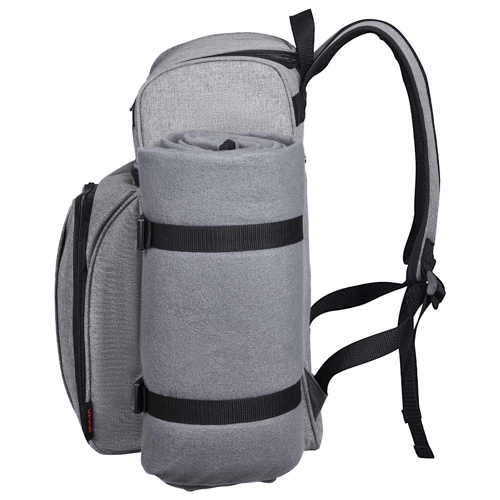 Plecak piknikowy VEVOR Outdoor (25 l) dla 4 osób z izolowaną i chłodzącą komorą oraz wyjmowanym uchwytem na butelkę/wino, lekkim kocem, talerzami i zestawem sztućców do pieszych wędrówek i kempingu, szary