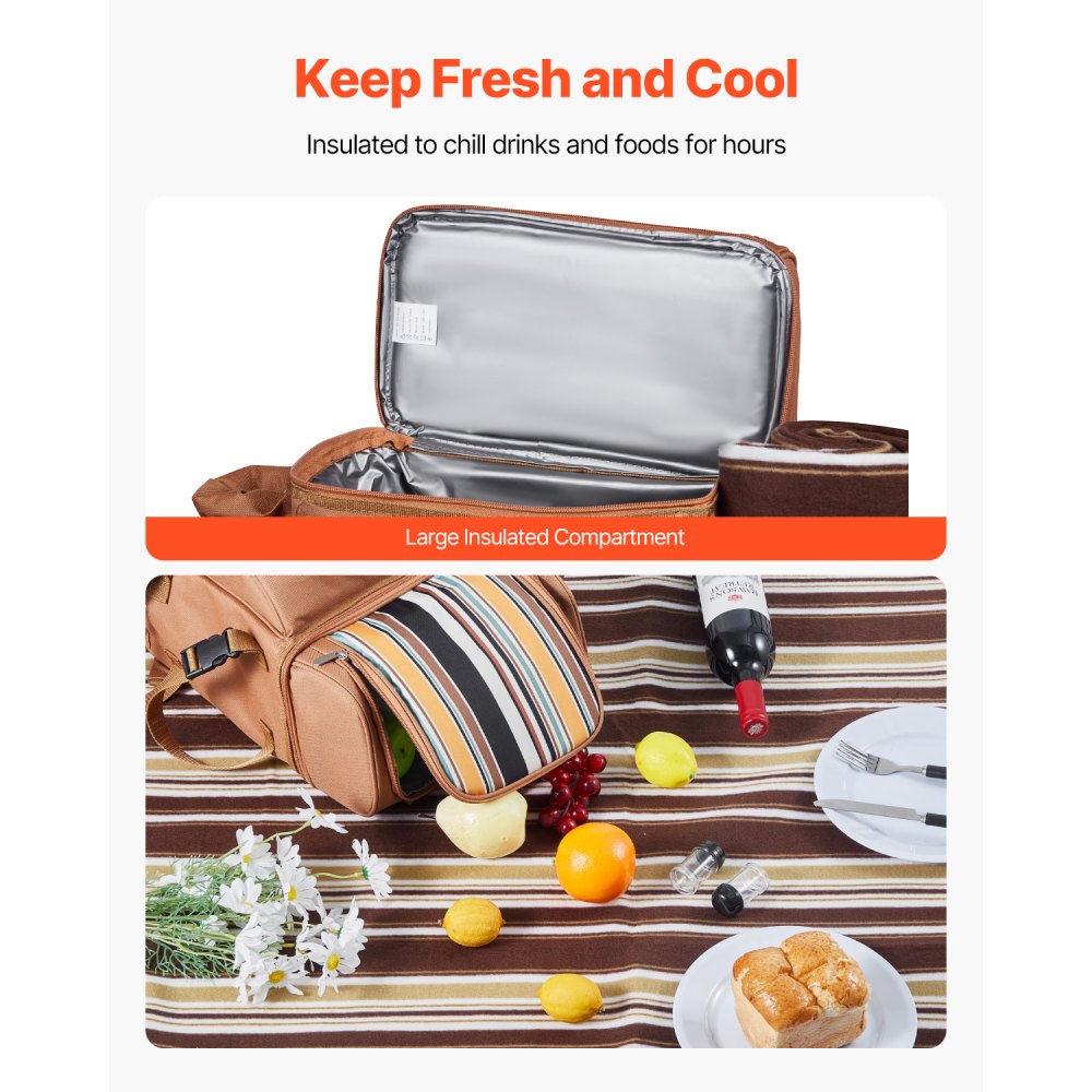 Plecak piknikowy VEVOR Outdoor (25 l) dla 4 osób z izolowaną i chłodzącą komorą oraz wyjmowanym uchwytem na butelkę/wino, lekkim kocem, talerzami i zestawem sztućców do pieszych wędrówek i kempingu, brązowy