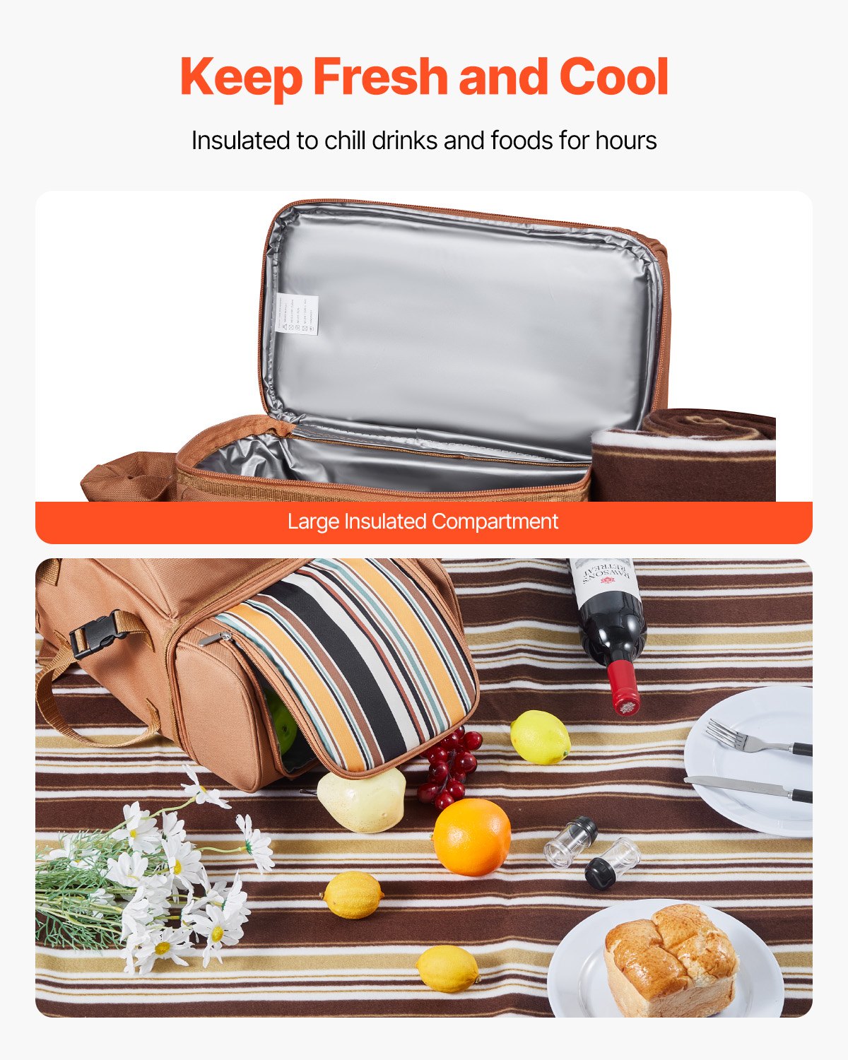 Plecak piknikowy VEVOR Outdoor (25 l) dla 4 osób z izolowaną i chłodzącą komorą oraz wyjmowanym uchwytem na butelkę/wino, lekkim kocem, talerzami i zestawem sztućców do pieszych wędrówek i kempingu, brązowy