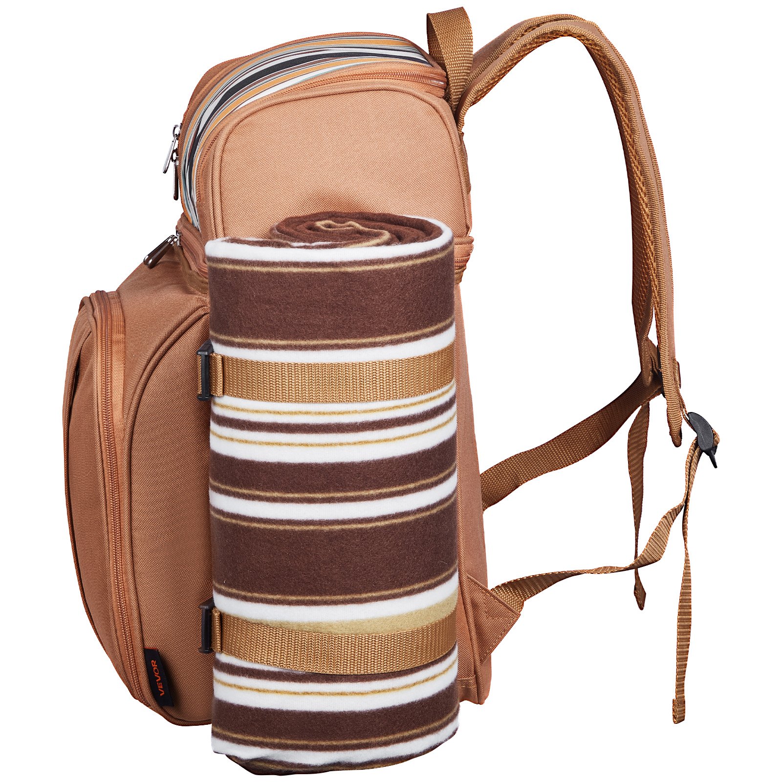 Plecak piknikowy VEVOR Outdoor (25 l) dla 4 osób z izolowaną i chłodzącą komorą oraz wyjmowanym uchwytem na butelkę/wino, lekkim kocem, talerzami i zestawem sztućców do pieszych wędrówek i kempingu, brązowy