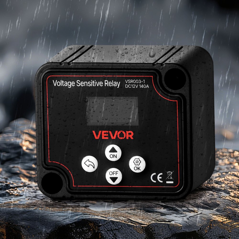 VEVOR Zestaw przekaźników izolacyjnych podwójnego akumulatora, 12 V, 140 A 13.3 mm² (6 AWG), przekaźnik VSR wrażliwy na napięcie z woltomierzem, wyświetlaczem LCD, wyłącznikiem akumulatora, kompatybilny z akumulatorami litowymi, do pojazdów UTV i ATV