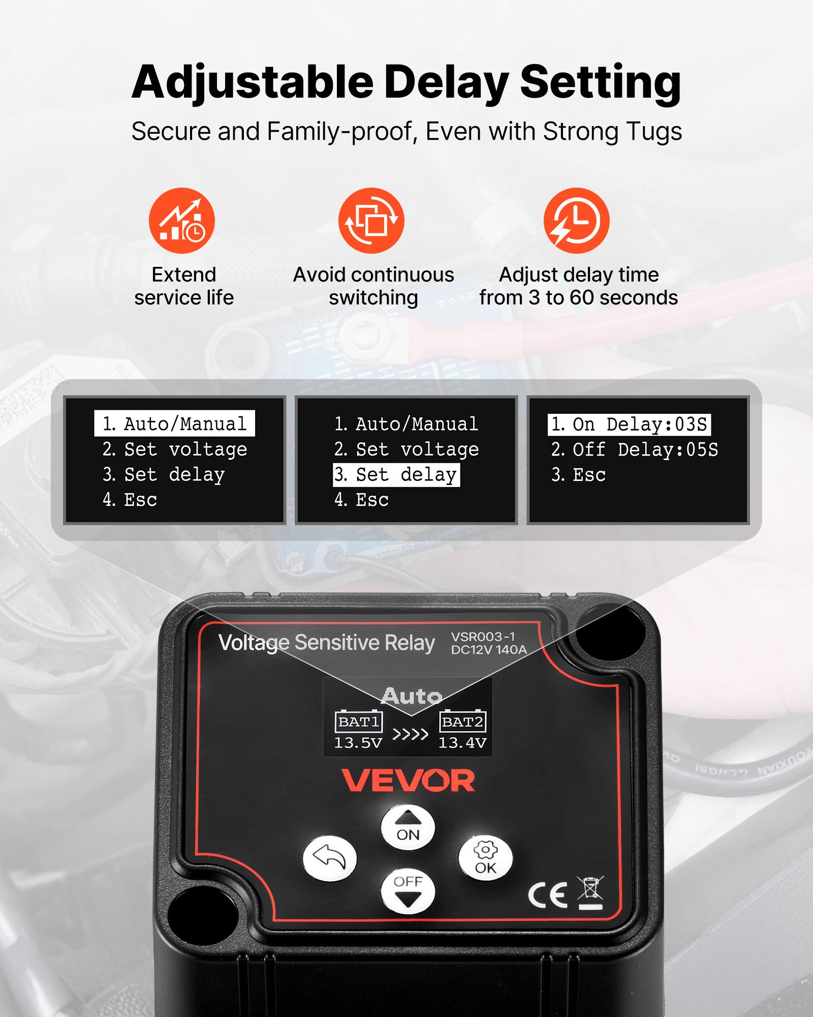 VEVOR Zestaw przekaźników izolacyjnych podwójnego akumulatora, 12 V, 140 A 13.3 mm² (6 AWG), przekaźnik VSR wrażliwy na napięcie z woltomierzem, wyświetlaczem LCD, wyłącznikiem akumulatora, kompatybilny z akumulatorami litowymi, do pojazdów UTV i ATV