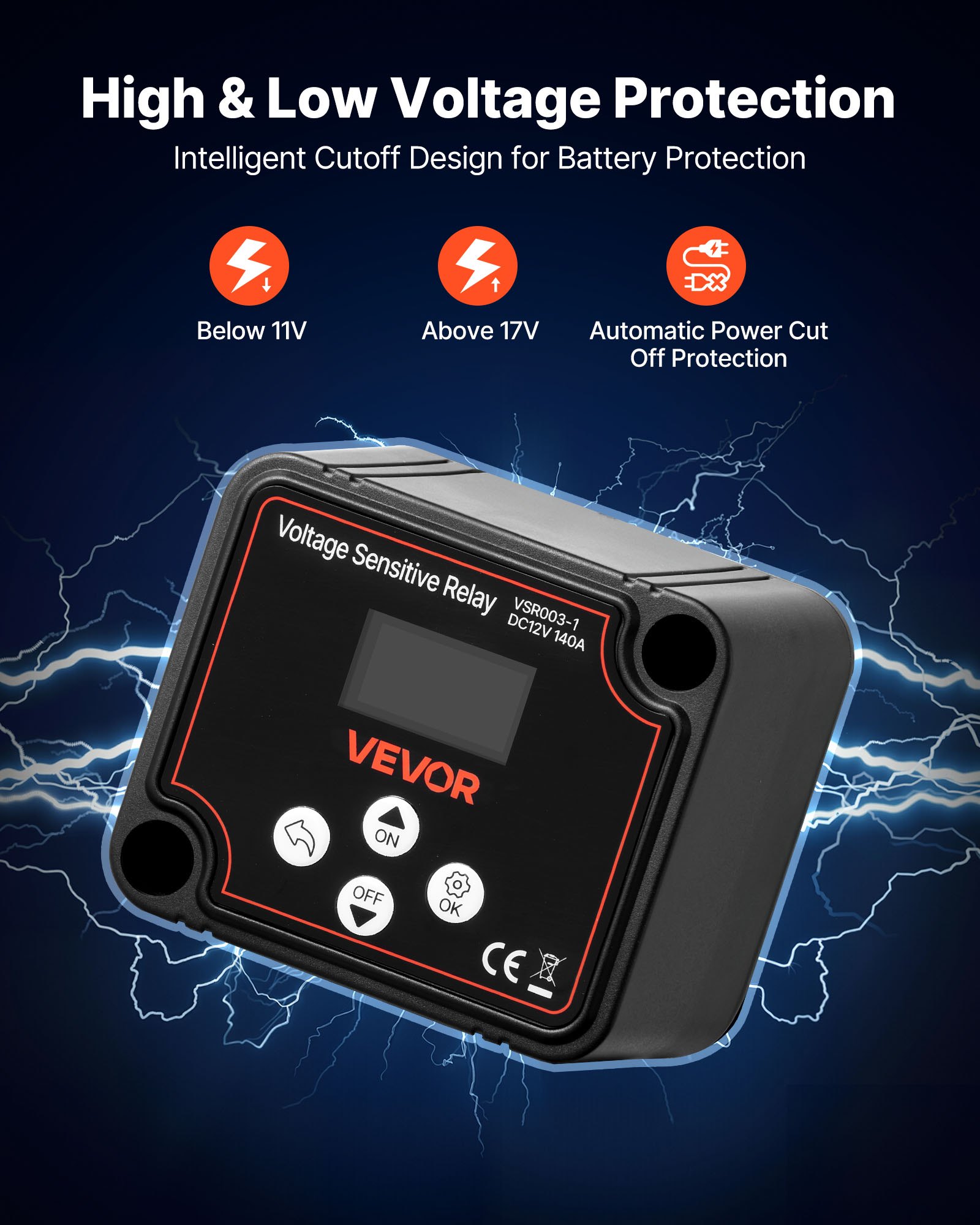 VEVOR Zestaw przekaźników izolacyjnych podwójnego akumulatora, 12 V, 140 A 13.3 mm² (6 AWG), przekaźnik VSR wrażliwy na napięcie z woltomierzem, wyświetlaczem LCD, wyłącznikiem akumulatora, kompatybilny z akumulatorami litowymi, do pojazdów UTV i ATV