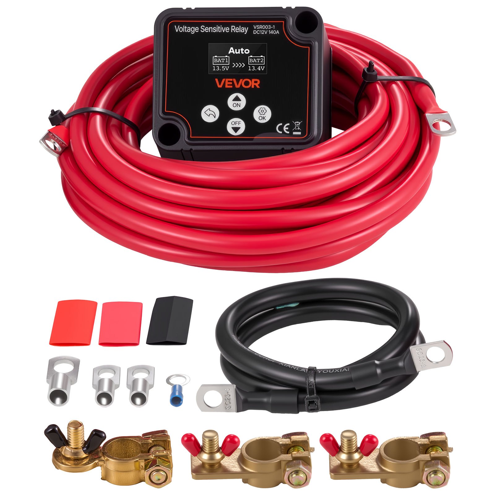 VEVOR Zestaw przekaźników izolacyjnych podwójnego akumulatora, 12 V, 140 A 13.3 mm² (6 AWG), przekaźnik VSR wrażliwy na napięcie z woltomierzem, wyświetlaczem LCD, wyłącznikiem akumulatora, kompatybilny z akumulatorami litowymi, do pojazdów UTV i ATV