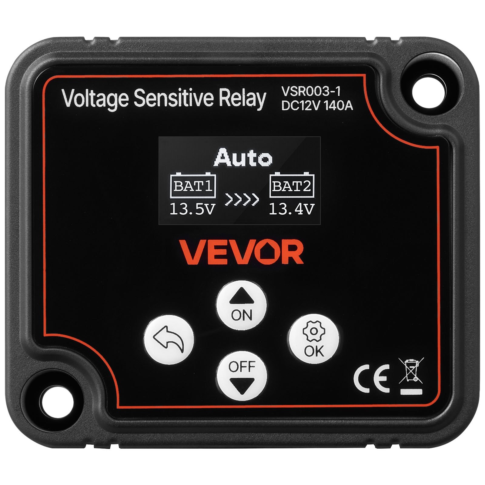 VEVOR Zestaw przekaźników izolacyjnych podwójnego akumulatora, 12 V, 140 A 13.3 mm² (6 AWG), przekaźnik VSR wrażliwy na napięcie z woltomierzem, wyświetlaczem LCD, wyłącznikiem akumulatora, kompatybilny z akumulatorami litowymi, do pojazdów UTV i ATV