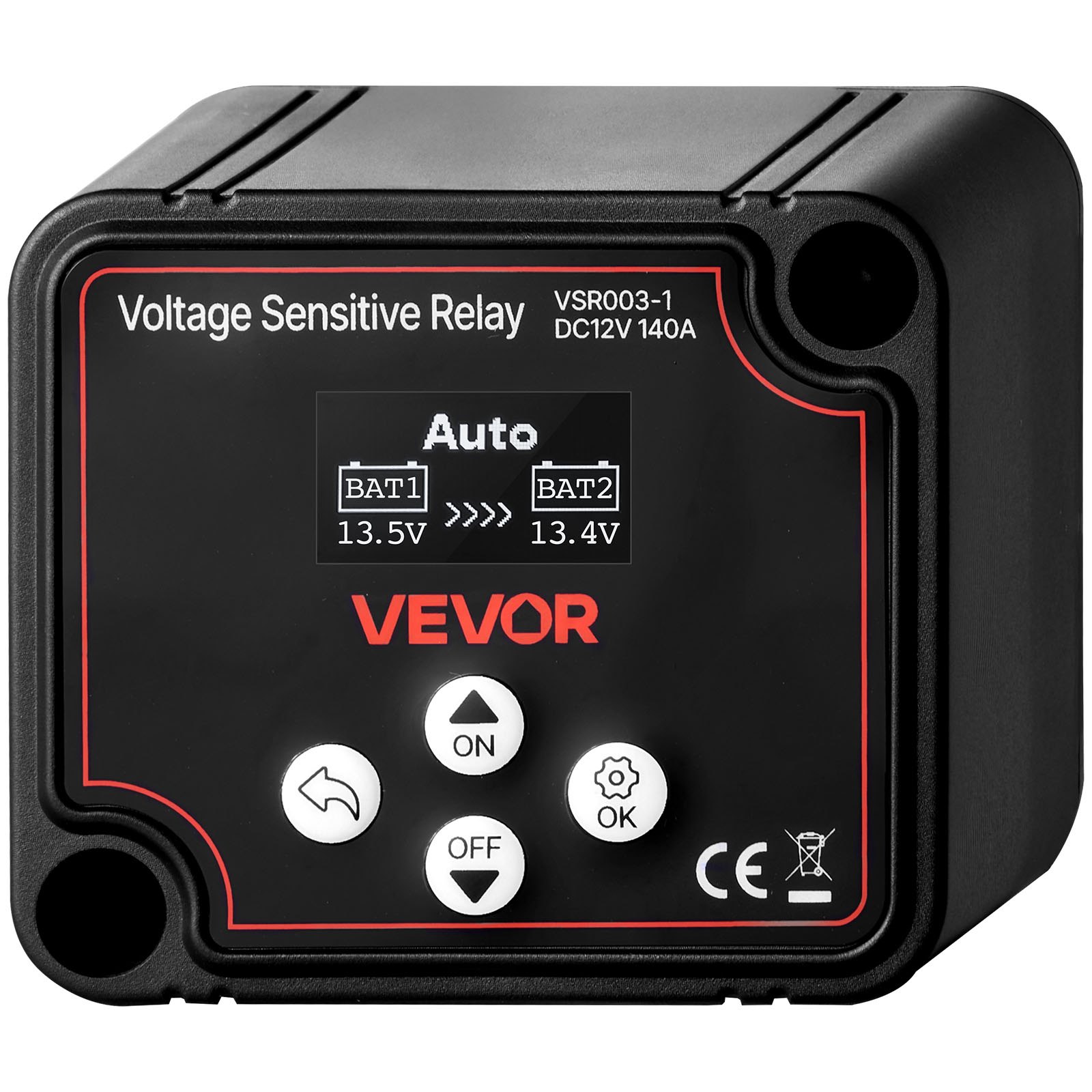 VEVOR Zestaw przekaźników izolacyjnych podwójnego akumulatora, 12 V, 140 A 13.3 mm² (6 AWG), przekaźnik VSR wrażliwy na napięcie z woltomierzem, wyświetlaczem LCD, wyłącznikiem akumulatora, kompatybilny z akumulatorami litowymi, do pojazdów UTV i ATV