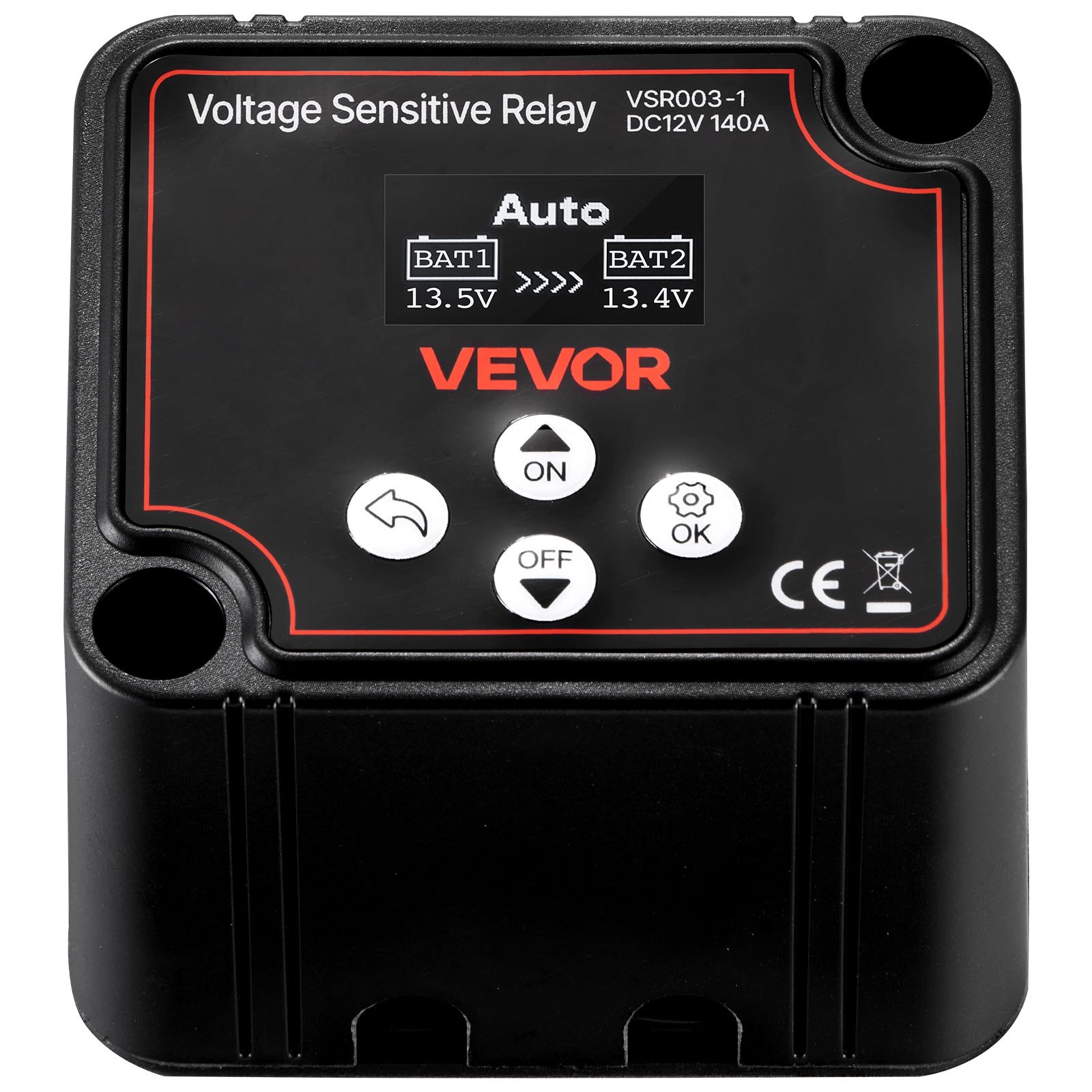 VEVOR Zestaw przekaźników izolacyjnych podwójnego akumulatora, 12 V, 140 A 13.3 mm² (6 AWG), przekaźnik VSR wrażliwy na napięcie z woltomierzem, wyświetlaczem LCD, wyłącznikiem akumulatora, kompatybilny z akumulatorami litowymi, do pojazdów UTV i ATV