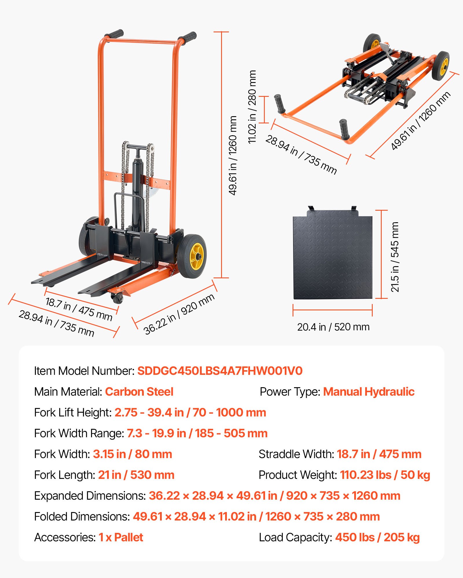 Wózek paletowy VEVOR High Lift, wózek paletowy z platformą o udźwigu 205 kg, wózek paletowy z widłami, maksymalna wysokość podnoszenia 100 cm, wózek paletowy z podnośnikiem materiałowym, idealny do fabryk, magazynów i supermarketów