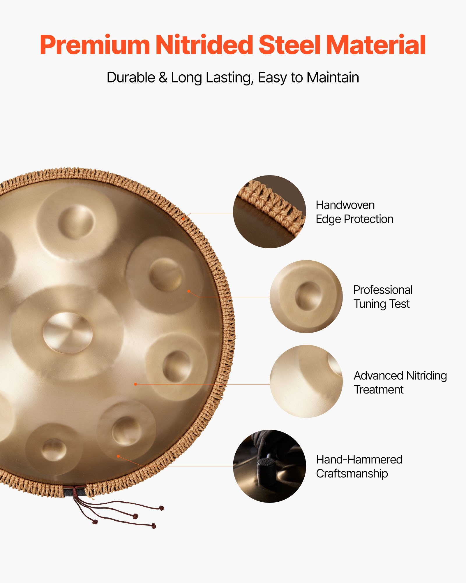 Bęben VEVOR Handpan, 55 cm, 9-tonowy bęben stalowy, 432 Hz, d-moll, z plecioną ochroną krawędzi, 2 młotkami i futerałem, instrument perkusyjny o trwałym kolorze do profesjonalnych występów