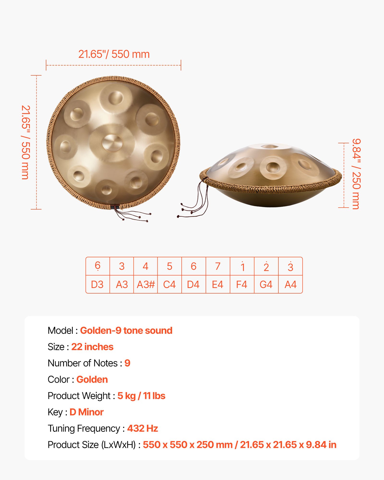 Bęben VEVOR Handpan, 55 cm, 9-tonowy bęben stalowy, 432 Hz, d-moll, z plecioną ochroną krawędzi, 2 młotkami i futerałem, instrument perkusyjny o trwałym kolorze do profesjonalnych występów