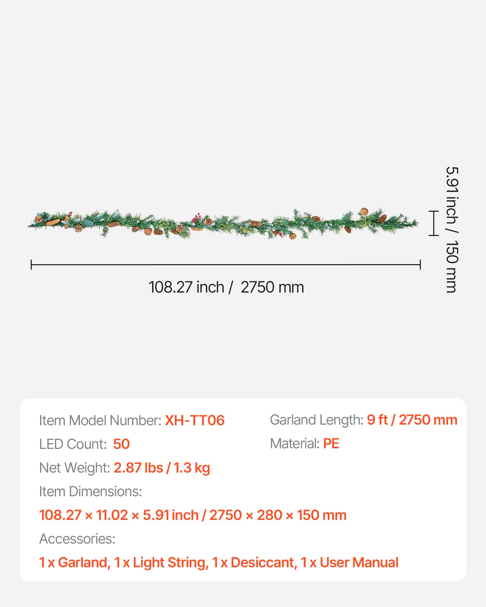 Girlanda świąteczna VEVOR, 2750 mm, sztuczna jodła, girlanda z lampkami, dekoracja świąteczna z bukietami jagód, igłami sosnowymi i szyszkami, realistyczna kolekcja świąteczna na kominek i kominek
