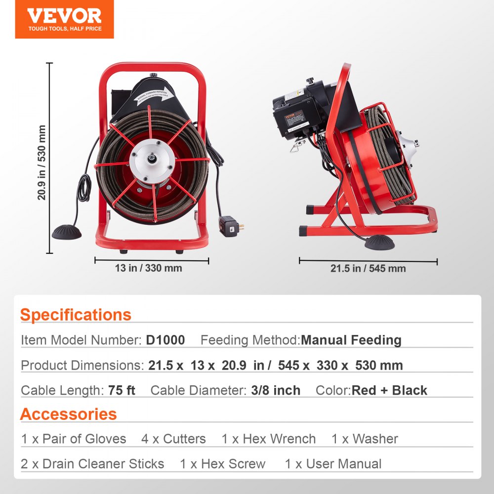 VEVOR Pipe Cleaning Machine 75 ft x 3/8 in, Sewer Spiral with Manual Feed, 250 W Electric Pipe Cleaning Machine with 4 Cutters and Air Activated Foot Switch for 2 to 4 Inch Pipes