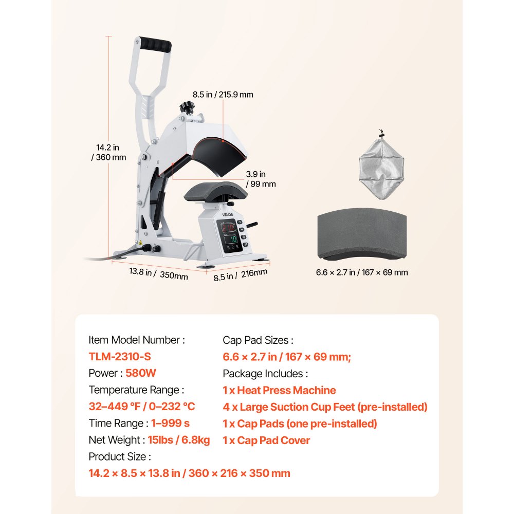 VEVOR Hat Heat Press Machine, 215 x 100 mm Large Heating Plate, with Caps Stretcher, Precise Temperature & Time Control, Heat Press for Hats and Caps, for HTV Iron On and Sublimation Projects, White