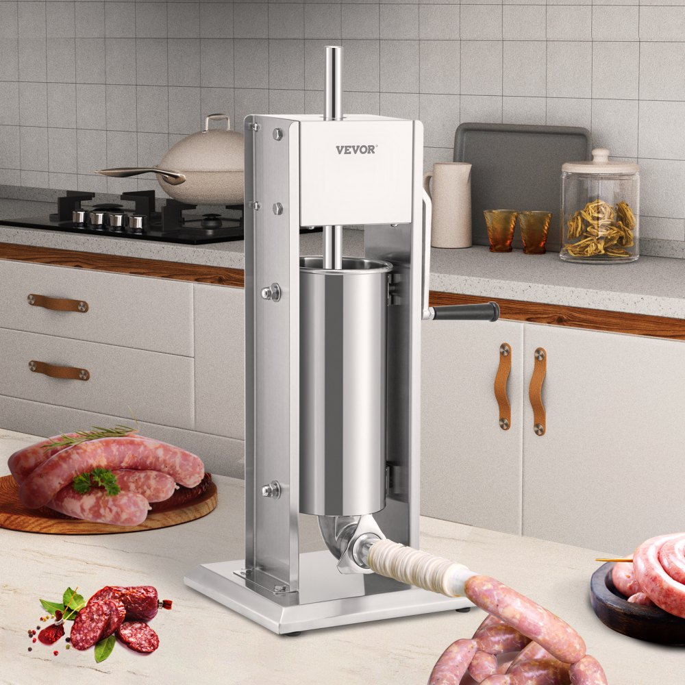 VEVOR Manual Sausage Stuffer Sausage Filling Machine 5 L, Stainless Steel + Aluminum Professional Silver Sausage Machine incl. 37 / 30 / 21 / 15 mm Filling Tubes, 2-Speed ​​Gearbox Vertical Sausage Press Hand Crank