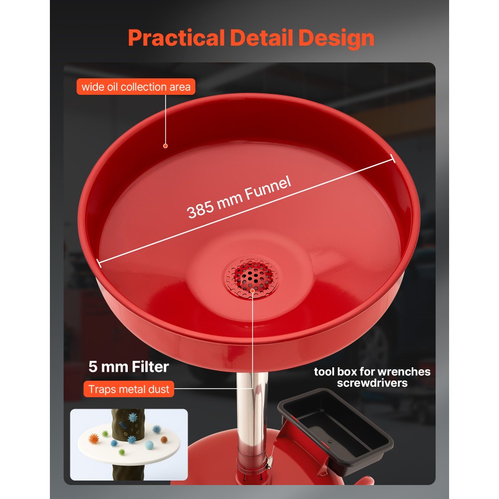 Wózek do spuszczania oleju VEVOR 30L, wózek do spuszczania oleju z regulowaną wysokością lejka, pojemnik na spuszczanie oleju z kółkami i skrzynką narzędziową, spust paliwa płynnego do warsztatów samochodowych, czerwony