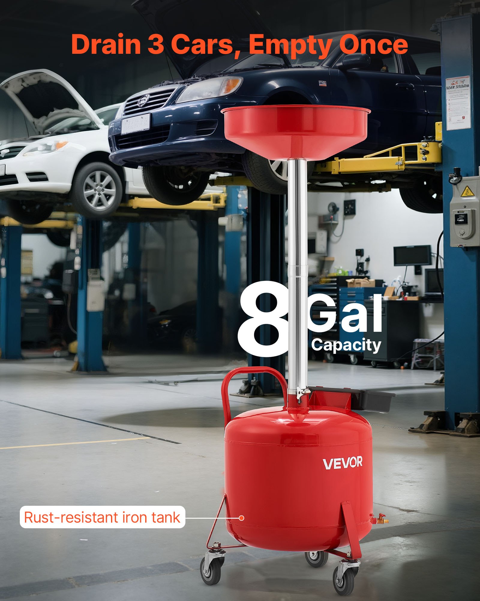 VEVOR 30L Waste Oil Drain Tank, Industrial Fluid Drain Tank with Adjustable Funnel Height, Portable Oil Drainer with Wheels & Toolbox, Fluid Fuel Transfer Drainage for Auto Repair Shops, Red