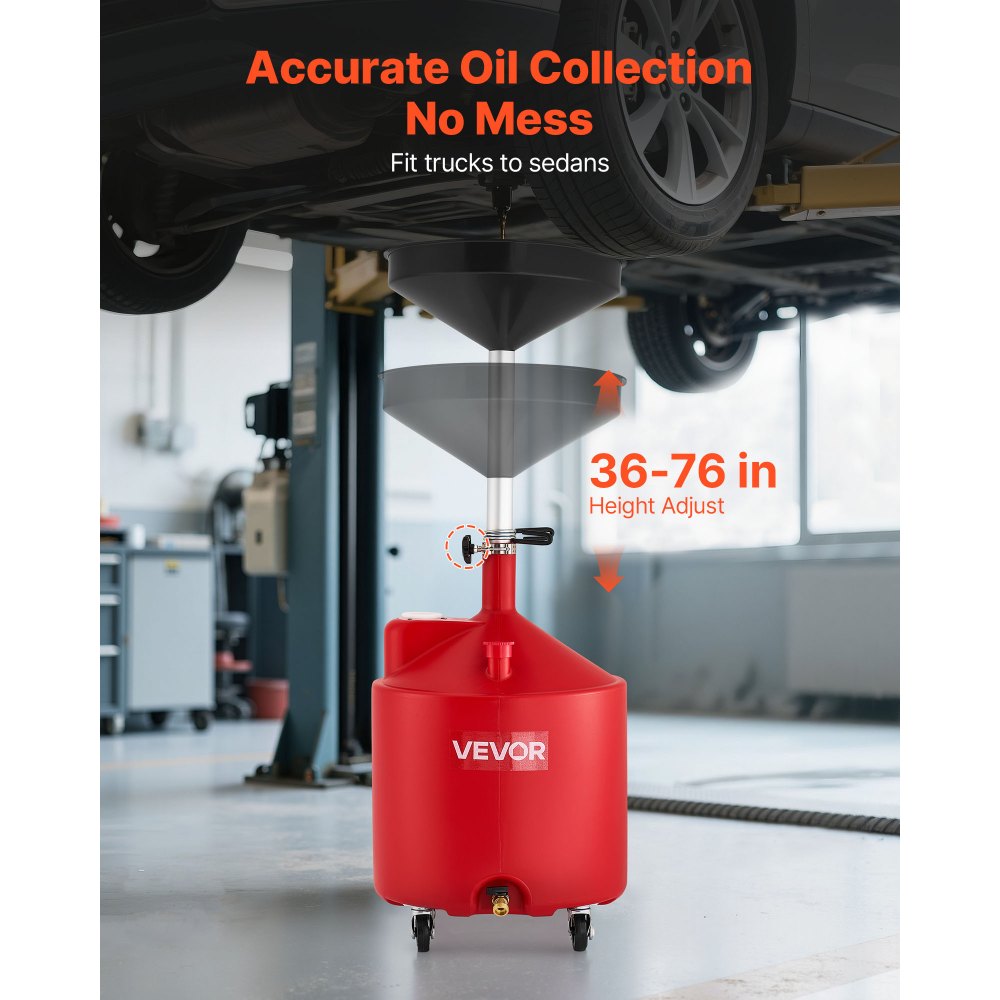 VEVOR 68L Waste Oil Drain Tank, Industrial Fluid Drain Tank with Adjustable Funnel Height, Portable Oil Drainer with Wheels, Fluid Fuel Transfer Drainage for Auto Repair Shops, Garages, Red