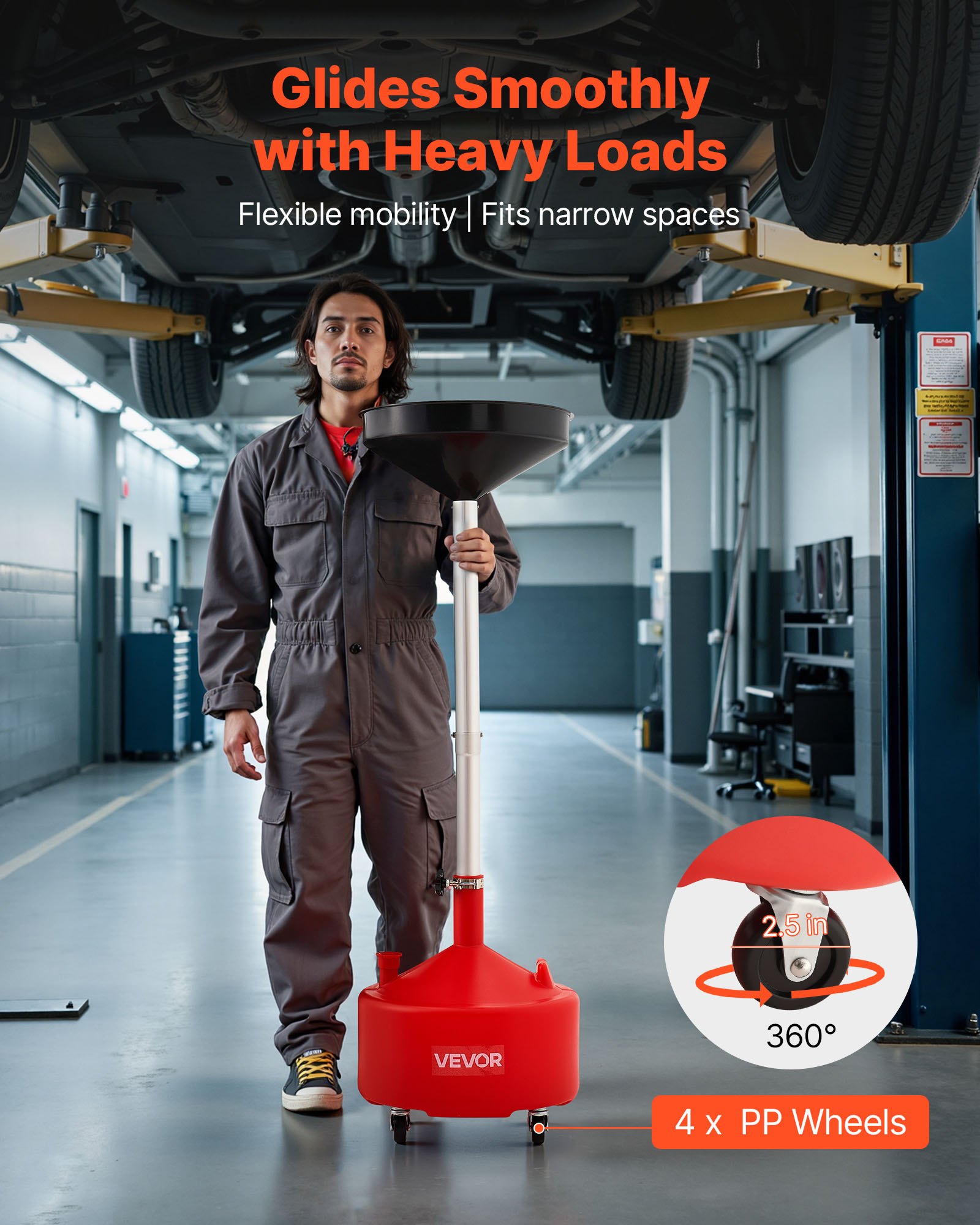 Wózek do zbierania oleju VEVOR 30L, wózek do zbierania oleju z regulowaną wysokością lejka, przenośny pojemnik na olej z kółkami, spust paliwa płynnego do warsztatów samochodowych i garaży, czerwony