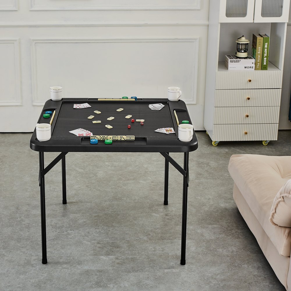 VEVOR Mahjong Table, Foldable Card Table for 4 Players with 4 Drink Holders & 4 Chip Trays, Portable Domino Game Table with 1 Set of Dominoes for Mahjong Poke Puzzles